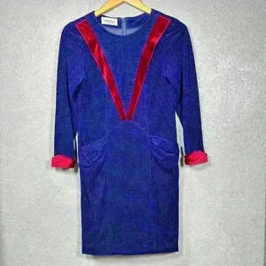 VINTAGE Ming Ying Japanese Blue Velour 1950s Mini Dress Long Sleeve Women Small